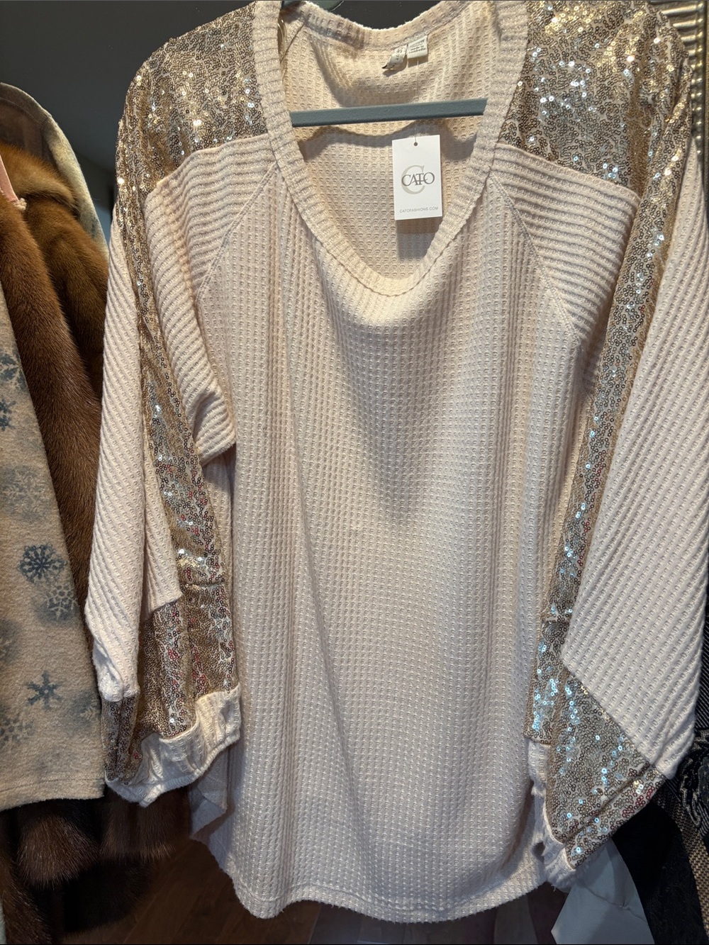 Cato Pale Cream V-Neck Waffle Knit Sweater with Gold Sequin Sleeves